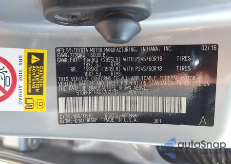 2016 Toyota Highlander Le V6 z USA, uszkodzony, nr VIN 5TDBKRFH8GS262232